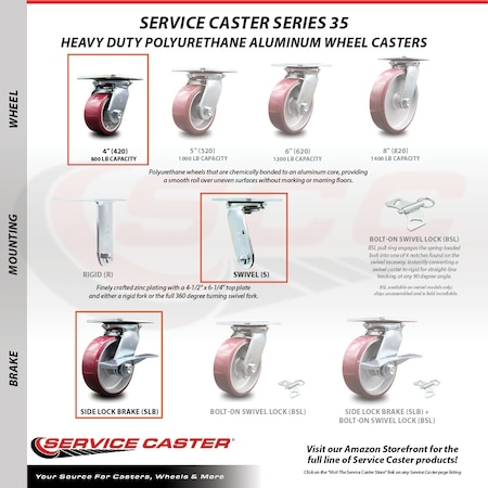 Service Caster 4 Inch Heavy Duty Poly on Aluminum Caster with Ball Bearing and Brake SCC SCC-35S420-PAB-SLB